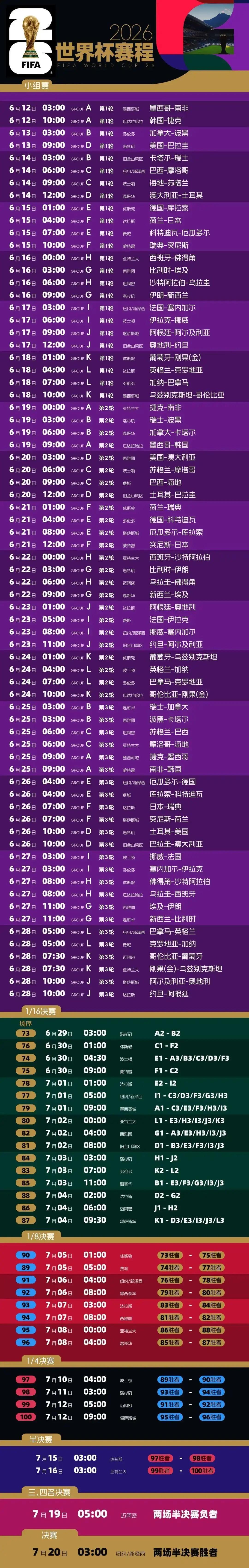 世界杯赛程表